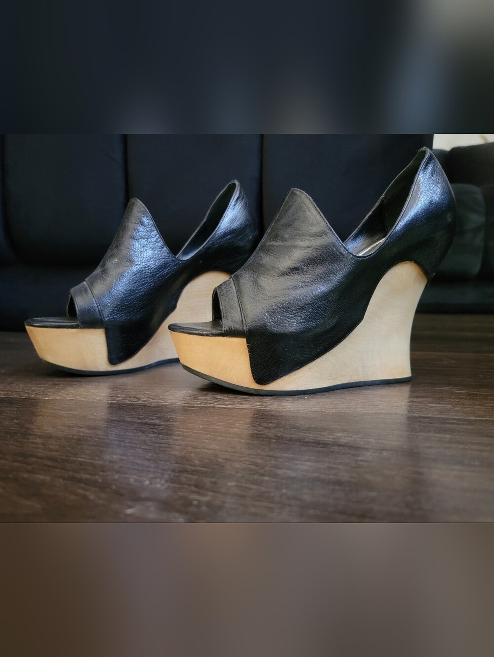 Black Leather Peep-Toe Platform Wedge Sandals